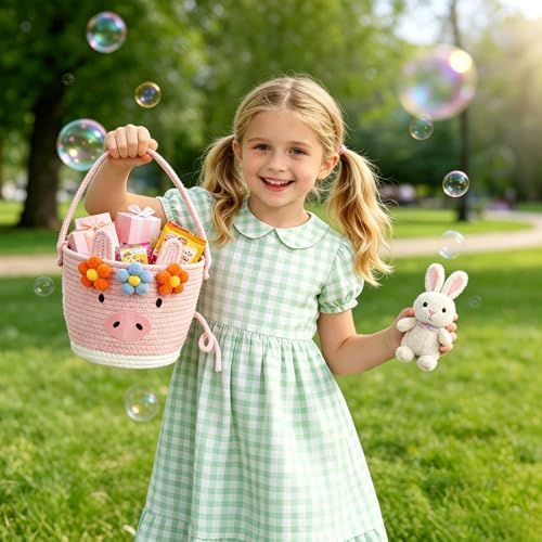 Small Woven Storage Basket with Handle, Cute Cartoon Pig Baskets for Gift Empty, Cotton Rope Storage Basket for Toy Organizer