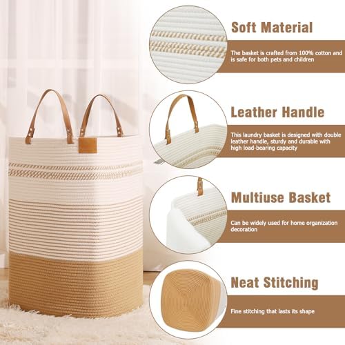 danpinera 100L Nursery Hamper, Tall Woven Laundry Basket with Long Leather Handles, Boho Laundry Hamper for Living Room & Bedroom, Eco-friendly & Convenient Decorative Storage Basket White & Jute
