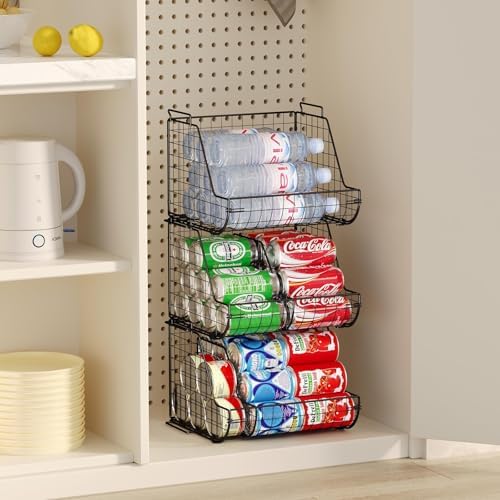 Stacking Can Dispensers 3 Tier with 3 Divider, Large Pantry Can Organizer, Beverage Drink Pop Soda Can Storage Basket, Can Holders for Pantry, Canned Food Rack Wire Bins for Kitchen Cabinet (3-Pack)