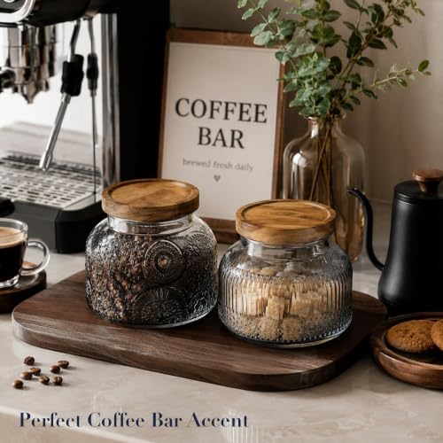 Decorative Grey Glass Jars with Airtight Wooden Lids 2 pack, 25.4 fl. oz | Wide mouth vintage storage canister, kitchen pantry bathroom organization, coffee sugar tea cookie candy candle vase gift