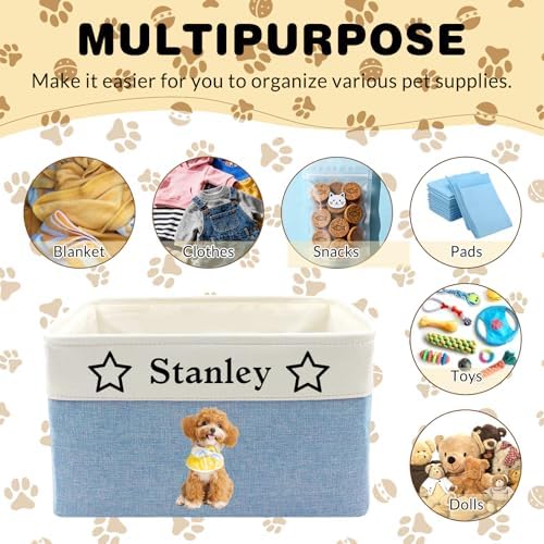 Custom Dog Toy Basket with Name Photo, Personalized Toys Clothing Storage Bins for Dogs Cats Pet,Collapsible Doggy Box Customized for Toy Food Purple