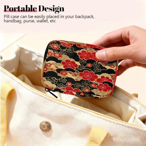 Travel Pill Organizer Red and Black Japanese Cherry Blossoms Pill Case