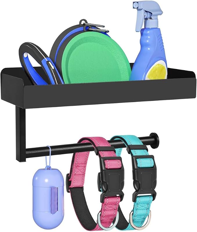 Picowe Magnetic Dog Leash Holder, Pet Stuff Organizer with Shelf Storage for Refrigerator, Metal Rack for Dog Collar Leash Toy Treats, Multifunctional Entryway Key Rack for Home Kitchen Bathroom