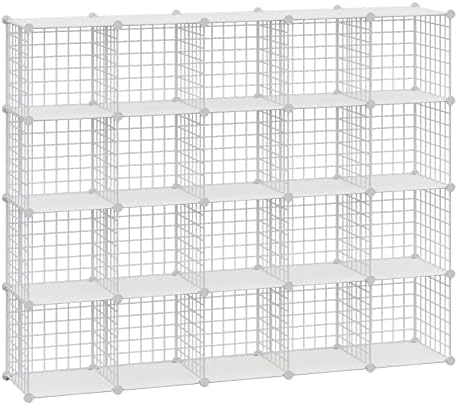 HUBSON Wire Cube Storage Organizer, Book/Toy/Craft/Potted Plants and petCloset Organizers and Storage Shelves, 20-Cube Freely Combinable Metal Grids Storage Shelf,White Plus Iron