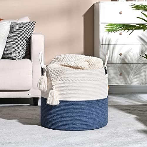 KAKAMAY Large Blanket Basket (18"x18"x16"),Woven Baby Laundry Hamper for Storage, Cotton Rope Blankets Baskets for Nursery, Laundry, Living Room, Pillows, Baby Toy chest with Handles (Navyblue)