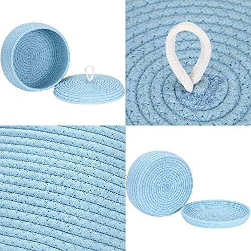 Sea Team Round Woven Cotton Rope Storage Basket with Lid, Blue | Lidded Knitted Decorative Storage Bin, Pot, Caddy, Organizer, Container for Snacks, Towels, Plants, 10 x 4.5 Inches