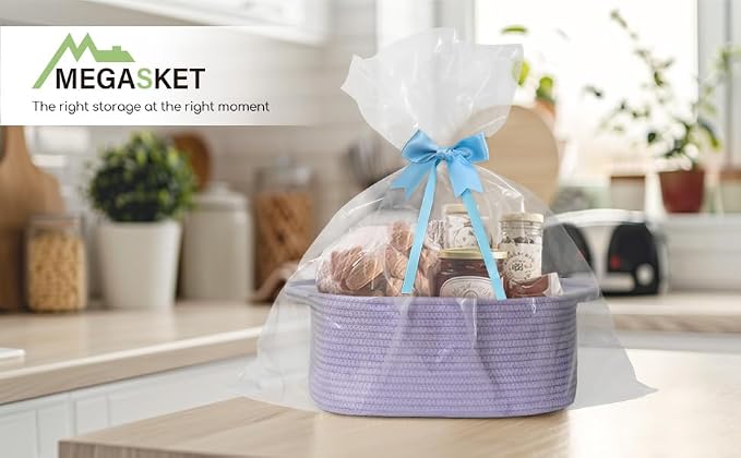 MEGASKET Purple Woven Basket, 13.5” x 10” x 6” Purple Empty Gift Basket to Fill, Decorative Cotton Rope Storage Bin for Organizing, Cute Baby Nursery Organizer, Rectangle Dog Toy Bin, Room Decor