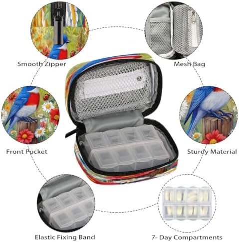 Pill Organizer Box Bird Spring Flowers 7-Day Weekly Medicine Pill Case Travel Pill Container Portable Pill Holder Storage Purse Bag Small Compact Size for Vitamin Supplement Birth Control