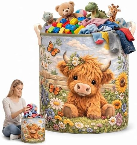 Cute Baby Highland Cow Laundry Basket Floral Storage Bin Butterfly Pattern Clothes Hamper with Handles for Kids(14"x 18")