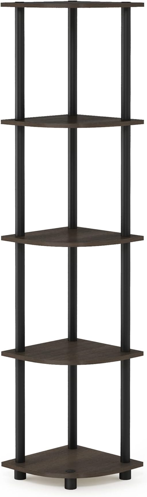 Furinno TURN-N-TUBE Corner Shelf, 5-Tier Corner Bookshelf, Open Storage Shelves, for Organization and Storage, Living Room, Home Office, Garage, Bedroom, Dark Brown Grain