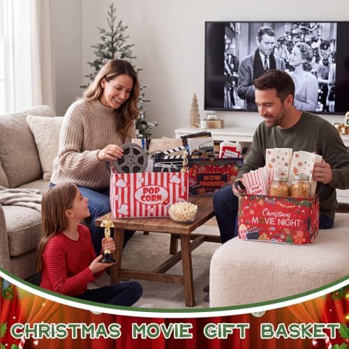 Breling 4 Pcs Christmas Movie Night Gift Baskets with Handles Christmas Party Supplies Snacks Boxes Xmas Santa Snowman Cinema Movie Theater Snack Bins Party Decorations for Xmas Birthday Holiday
