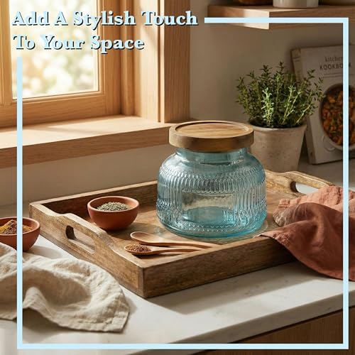 Decorative Blue Ribbed Glass Jar with Airtight Wooden Lid, 40 fl. oz | Wide mouth vintage storage canister, kitchen pantry bathroom organization, coffee sugar tea cookie candy candle vase gift