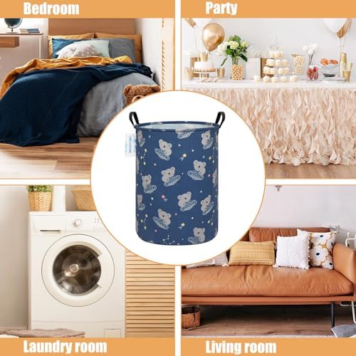 Round Laundry Basket Collapsible Storage Hamper Organizer Space Koala | Waterproof Canvas Foldable Baskets with sturdy Handles Multi-scene Organizer for Home Play Bedroom Gift Bin