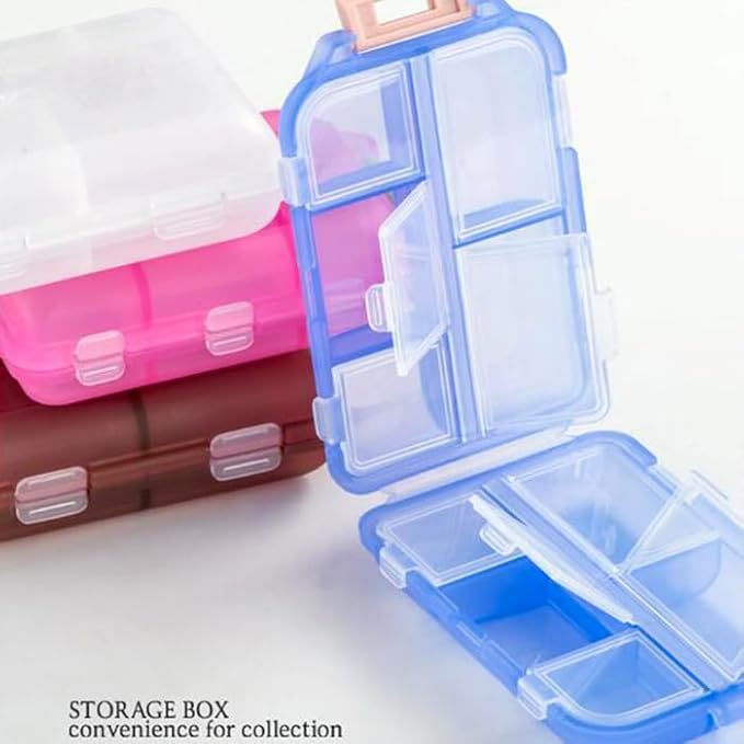 Small Travel Pill Box Organizer, 10 Compartment Pill Case Planner | Portable Folding Daily Medcine Container Capsule Dispenser for Storage Medication, Meds, Vitamin, Fish Oil, Supplement, Blue