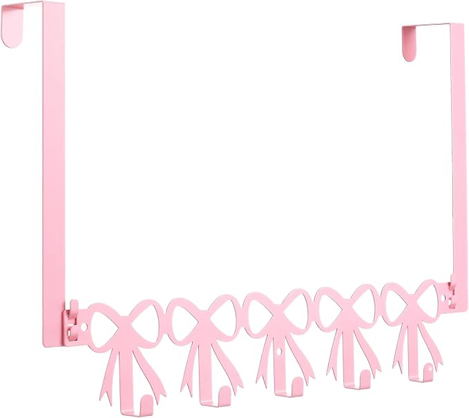 AceOrbit Pink Bow Over The Door Hooks Hanger 5 Hooks Coquettish Decor | Kawaii Bow Style for Bedroom Bathroom, Organizes Towels Hats Clothes, Farmhouse Decor, Over the Door for Kids Girls