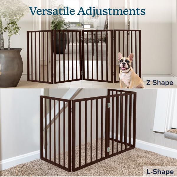 Pet Gate - 4-Panel Indoor Foldable Dog Fence for Stairs, Hallways or Doorways - 72x24-Inch Retractable Wood Freestanding Dog Gates by PETMAKER (Brown) | Foldable Dog Fence with Accordion Design, Wooden Safety Pet Fence for Stairs, Hallways, Doorways, a...