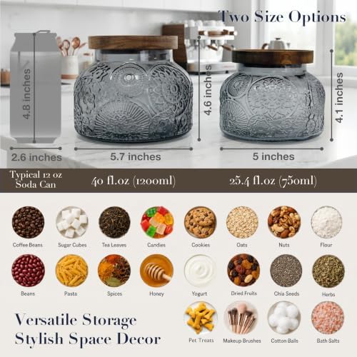 Decorative Grey Embossed Glass Jar with Airtight Wooden Lid, 25.4 fl. oz | Wide mouth vintage storage canister, kitchen pantry bathroom organization, coffee sugar tea cookie candy candle vase gift