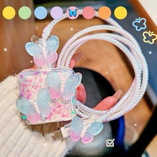 Compatible with iPhone 18W/20W Charger Cover Cute Color Butterfly Design DIY Soft Charger Cord Protector Bling 3D Butterflies Cable Saver for iPhone 13 14 15 16 Pro Max Charger Adapter