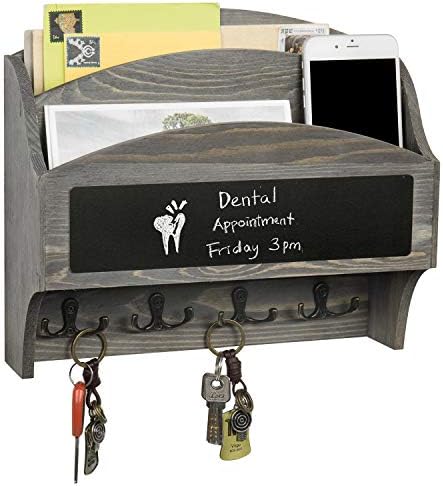 MyGift 2-Compartment Vintage Gray Wood Wall Mounted Entryway Mail Organizer Letter Sorter with Chalkboard Label Surface and 4 Double Key Hooks