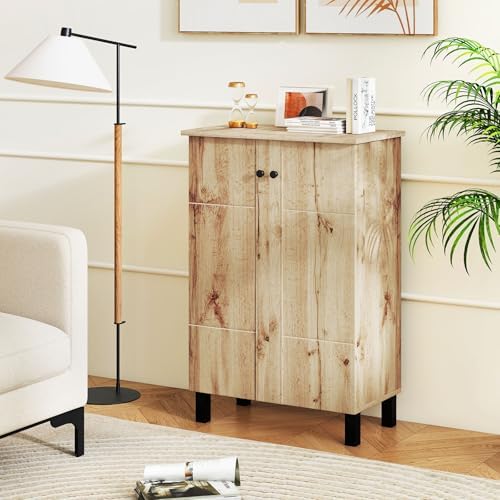 GIANTEX Shoe Cabinet with Doors, Modern Wooden Narrow Shoe Storage Cabinet | 4-Tier Freestanding Shoe Rack Cabinet with Flat-panel Doors & Adjustable Shelves for Entryway, Hallway, Closet