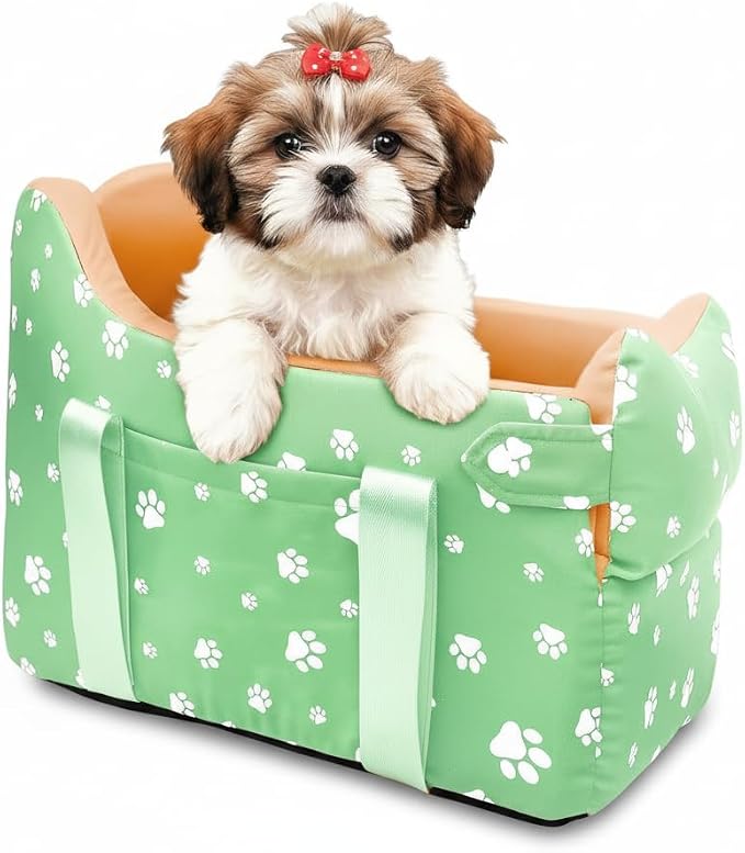 Dog Center Console Car Seat for Small Dogs Under 15lbs,Detachable Washable Booster Pet Car Seat Travel Bed with Storage Pockets and Seat Belt(Green)