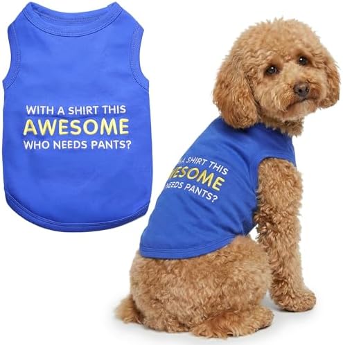 Parisian Pet Dog T-Shirt - Embroidered “ Awesome “ Shirt - Pure Cotton and Lightweight Dog Clothes - Blue Sleeveless Tee Shirts - Cute Puppy Clothes - Shirts for Large Dogs Boy - L
