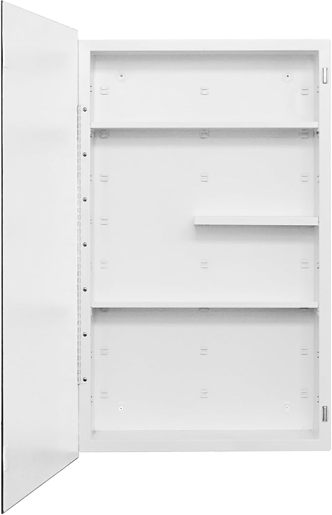 White Metal Medicine Cabinet, 18 x 30 Beveled Mirror, Surface Mount Storage | 18 x 30 Mirrored Medicine Cabinet with Adjustable Staggered Shelves, Piano Hinge, Left/Right Swing, Preassembled, Matte White