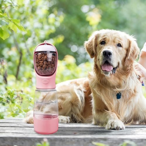 3-in-1 Portable Dog Water Bottle Leak Proof 14oz Pink | Pet Water Dispenser with Built-in Snack Storage, Waste Bag Holder, For Outdoor Walking, Hiking, Travel