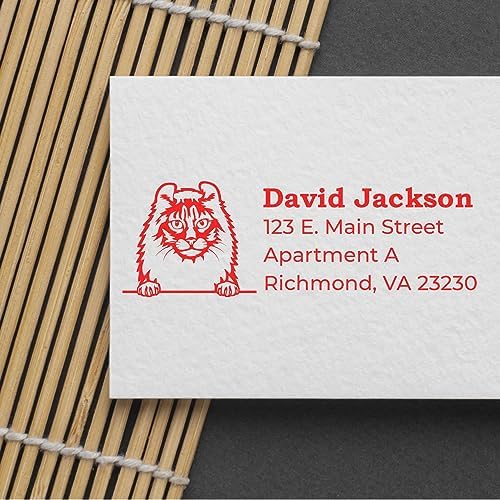American Curl Cat Custom Return Address Stamp, Self-Inking Personalized Stamper for Event Invitations & Wedding Cards, Handcrafted Feline Design Mail Labels, Pet Owner Gift, 7/8 X 2-1/4 Rubber Seal