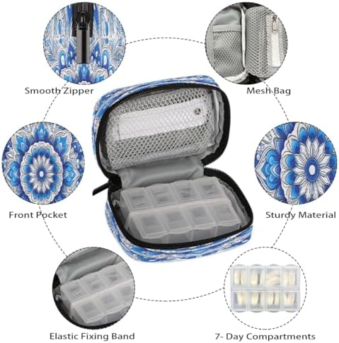 Pill Organizer Box Blue Mandala Ethnic 7-Day Weekly Medicine Pill Case Travel Pill Container Portable Pill Holder Storage Purse Bag Small Compact Size for Vitamin Supplement Birth Control