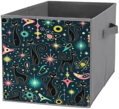 Black Cats Space Star Storage Bin with Handles, Oxford Fabric Foldable Storage Cube Organizer for Clothes, Towels, Bedroom, Living Room, Home Organization