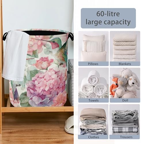 Hummingbird Laundry Hamper,Pink Flower Floral Dirty Clothes Laundry Basket with Handles Waterproof Oxford Cloth Storage Basket for College Dorms Bathroom Bedroom 16" x 20.8"
