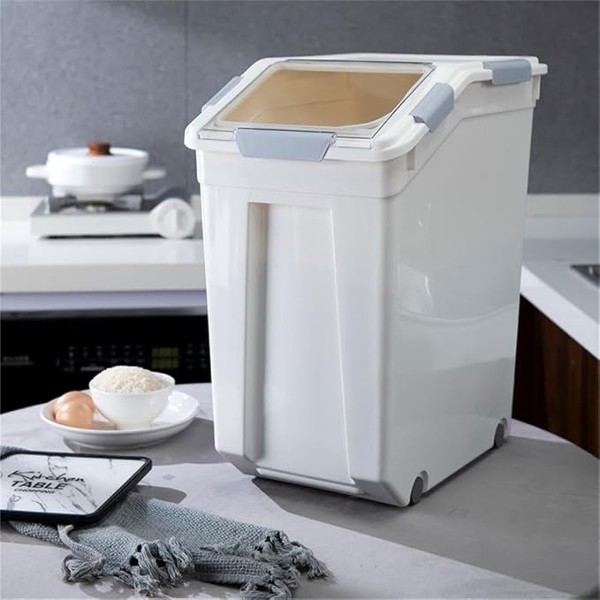 HANAMYA 32.5 Liter / 35 lbs Pet Food Storage Container with Measuring Cup, BPA free, For Dog Food | Cat Food | Rice | Grain | Flour, White & Gray, 1 count