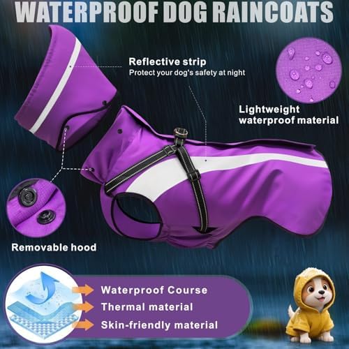 Dog Raincoat Waterproof Raincoats for Dog Reflective Dogs Rain Jackets with Hood Hoodie Pet Rain Poncho Coat for Small Medium Large Dogs Puppies S-XXL (Purple, XL)