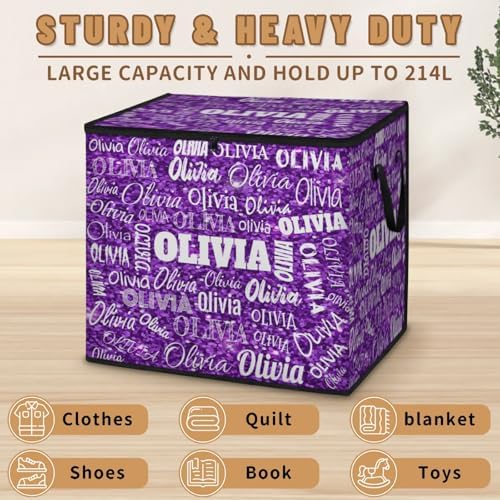 Personalized Extra Storage Bins with Lid, Customized Name Jumbo Storage Basket Rectangle Clothes Organizer for Organizing Kids and Pets Toys Shelf Closet, Bright Sequins Glittering