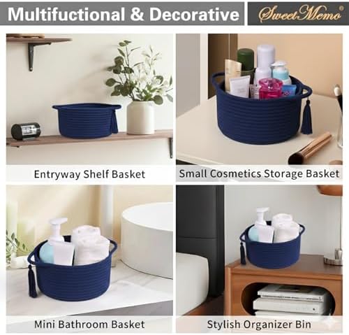 Small Gift Basket Empty to Fill with Gift Bag & Ribbon, Navy Blue | Cute Decorative Mini Woven Rope Basket with Handles for Gifting; Reusable for Bathroom Counter or Desk Catchall, 8 x 4.7 in