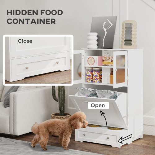 39'' Dog Feeding Station with Storage Cabinet, Wood Pet Storage Cabinet with Raised Bowls, Hidden Feeding Design, Controlled Feed Times