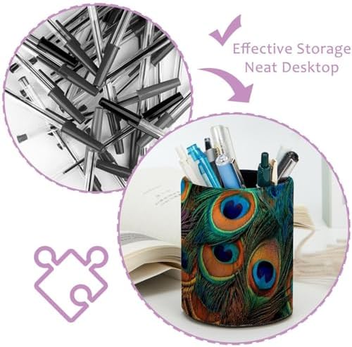 Faux Leather Pen Holder for Desk, Pencil Organizer Peacock Feather Pen Cup Desk Decor Makeup Brush Holder Storage for Office Home