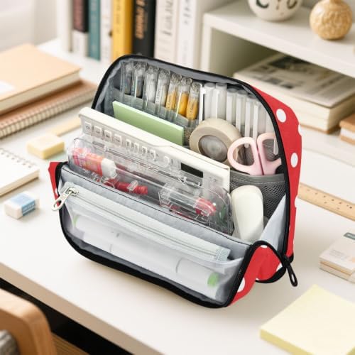 White Polka Dot Red Pencil Case for Kids Girls Boys | Large Pencil Pouch Pen Bag Holder with Big Capacity