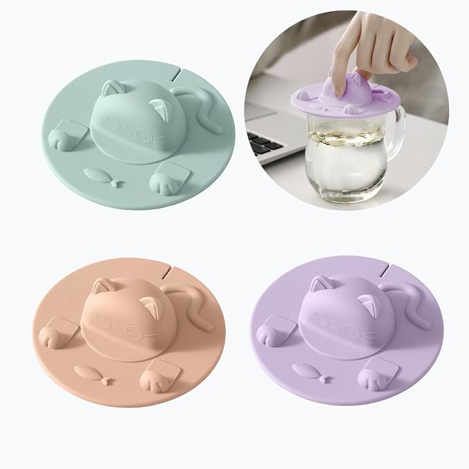 3 Pack Cat Silicone Cup Covers, Tea Bag Holders for Mugs, 4 inch | Reusable Drink Lids Secure Strings and Help Keep Coffee Warm While Blocking Dust, Pet Hair and Bugs