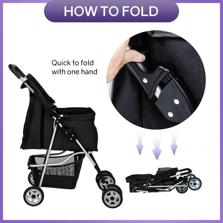 BestPet | 4-Wheel Foldable Pet Stroller | Black | Lightweight & Portable | Travel Carrier with Mesh Windows, Storage Basket, Cup Holder, Safety Brakes, and Waterproof Fabric | For Small Dogs and Cats