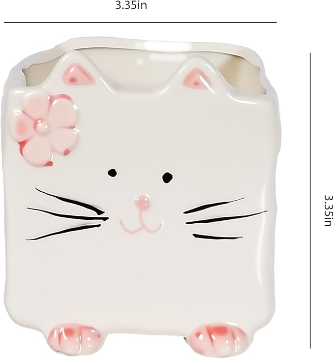 Ceramic Cat Pen Pencil Holder, Cute Desk Organizer for Office and School | Cat Shaped Design for Pens, Makeup Brushes and Plants, Cute Decor Gift for Women, Moms and Birthdays