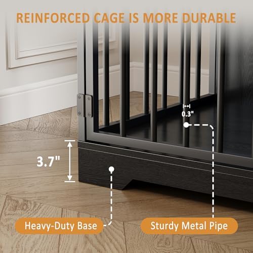IDEALHOUSE 48'' Dog Crate Furniture with Bowl & Storage Drawers, Farmhouse Heavy Duty Dog Kennel Table for Small Medium Dogs, Indoor Wooden Dog Cage for Living Room, Entryway, Black