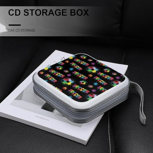 Portable 40-Disc CD Storage Binder Football Soccer Sports Ball, Hard Case Wallet with Handle, Protective Organizer for Movies Music Travel