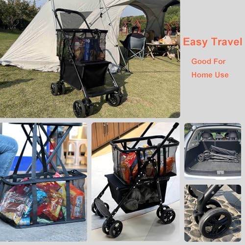 Folding Shopping Cart with Rolling Swivel Wheels Utility Trolley Cart, with Stylish Removable Tote Basket for Travel Shop Move Luggage Office (Green + Gold Frame)