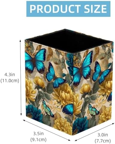 Butterflies and Flowers Pen Holder for Desk Decor, Rectangular PVC Leather Pencil Cup for Desk Pen Organizer, Makeup Brush Holder for School, Home, Office