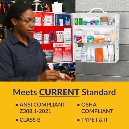 MFASCO OSHA/ANSI 2021 Class B Compliant First Aid Cabinet, Large, 3-Shelf | Metal OSHA/ANSI 2021 Class B compliant cabinet with essential first aid supplies for office and business use | Easy to Refill