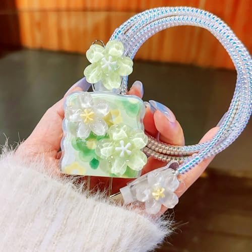 Cute Flower Cable Protector for iPhone iPad 18W/20W Charger Cover,Elegant 3D Floral Charger Cord Protector,Data Line Wire Saver,DIY Charging Cord Protector for iPhone 12 13 14 15 16 Plus Pro Max-Green