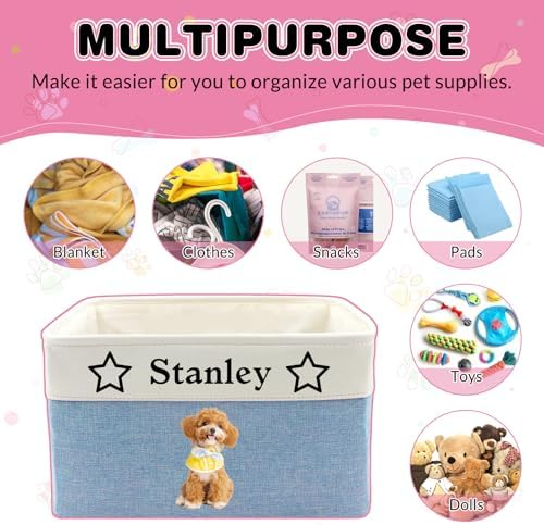 Personalized Dog Toy Basket with Name Photo Custom Cat Storage Organizer Box Collapsible Pet Chest Bins Customized for Toys Clothing-Blue