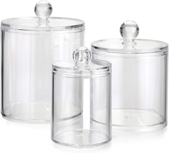 Hipiwe Set of 3 Cotton Ball and Swab Organizer Acrylic Q-Tips Jar with Lid | Clear Apothecary Jar Makeup Organizer Holder, Bathroom Vanity Storage Canister for Cotton Rounds and Pads